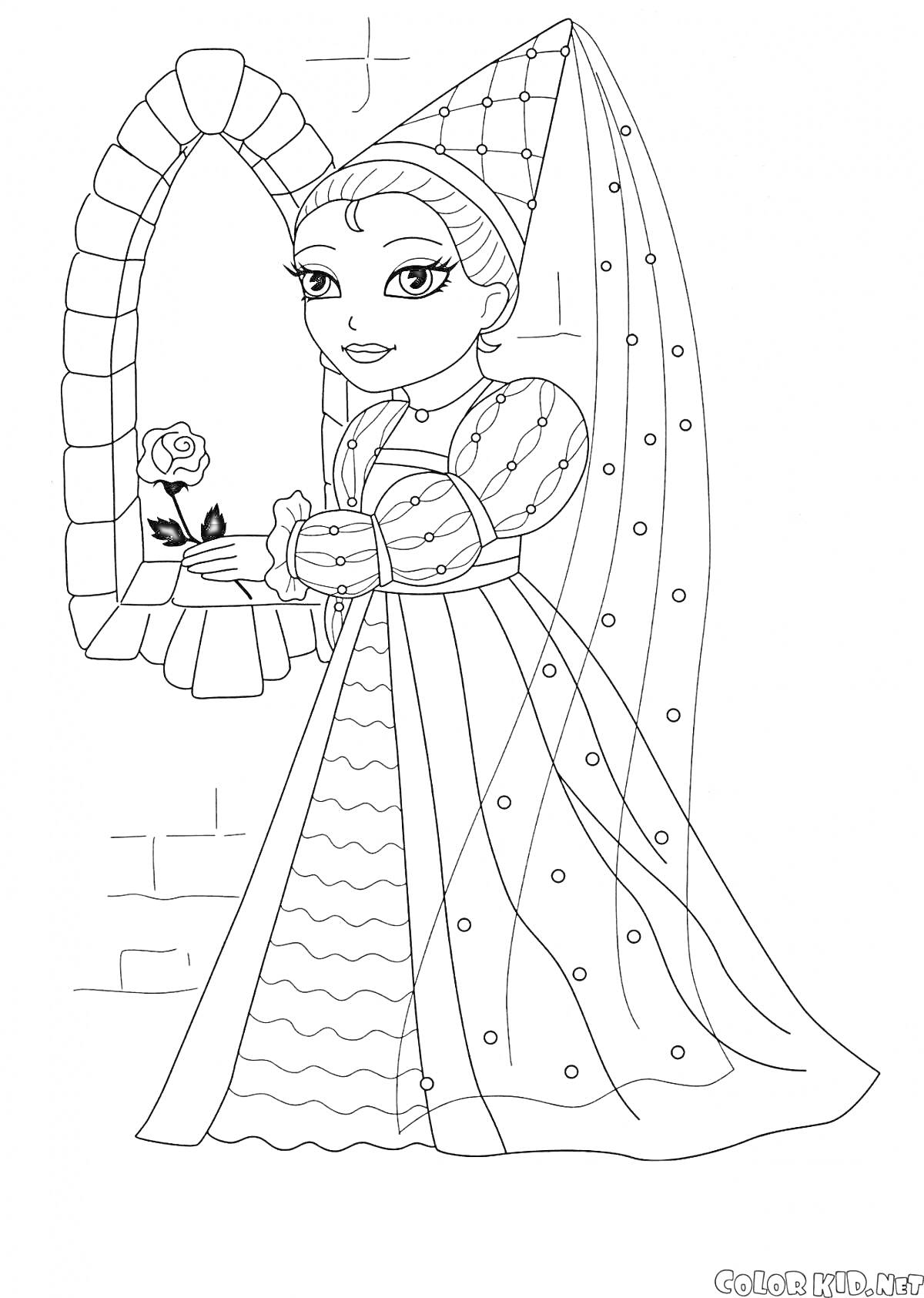 Раскраска Девушка в средневековом платье с цветком у окна из кирпича