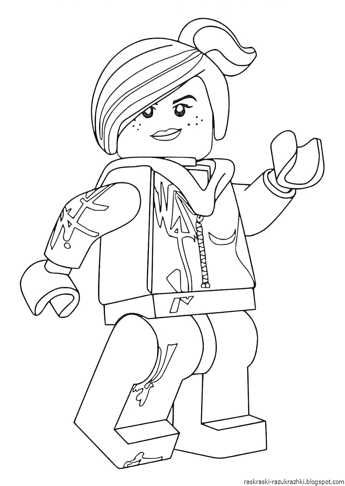 Раскраска Девушка-аватар из Roblox с прической в хвост, одетая в куртку с капюшоном и джинсы с прорехами