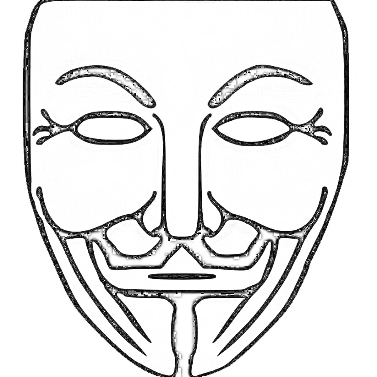 Раскраска Классическая маска Анонимуса с улыбкой и усами