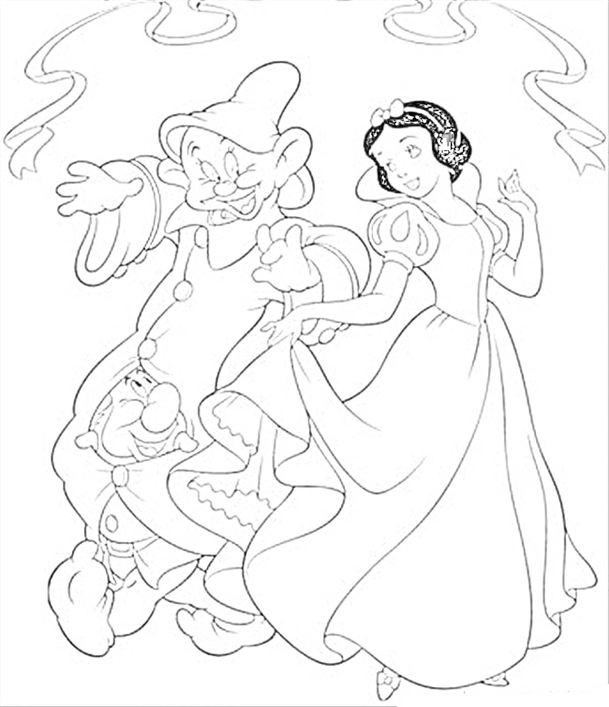 Раскраска Белоснежка танцует с гномом