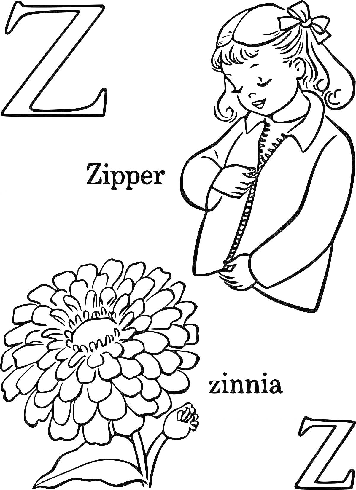 Раскраска Буква Z с изображением девочки, застёгивающей молнию и цветка цинии