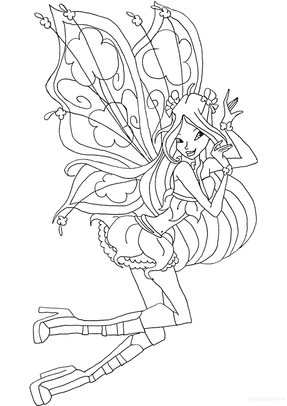 Раскраска Фея с длинными волосами в платье с высоким воротником и узором на длинных крыльях, стоящая на высоких каблуках
