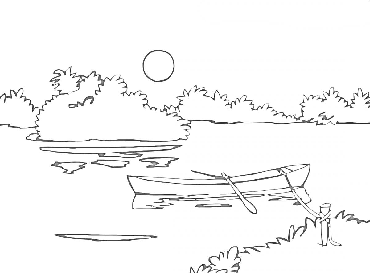 Раскраска Летний пейзаж с лодкой на реке, кустами на берегу и солнечным небом