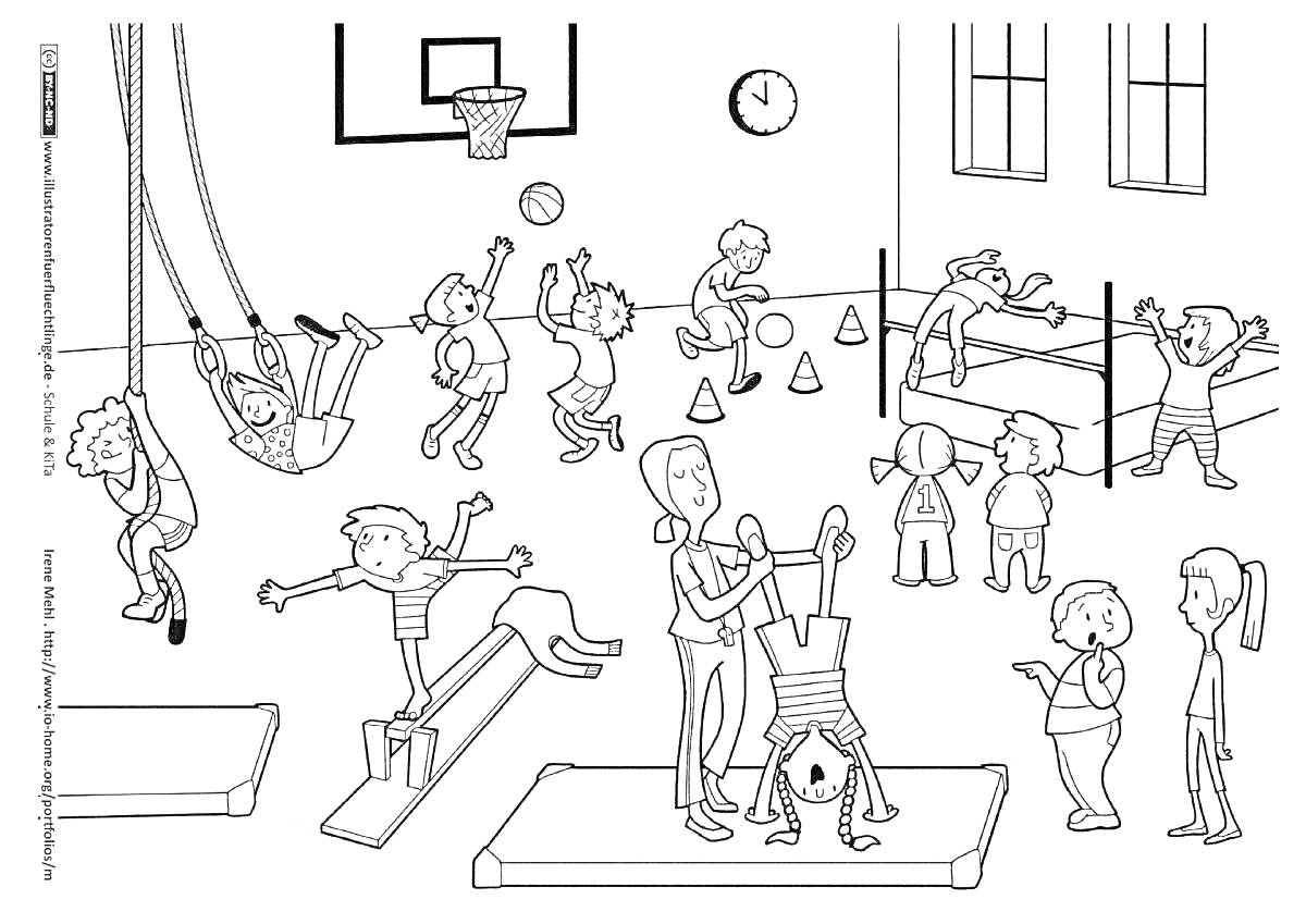 На раскраске изображено: Физкультура, Спорт, Баскетбол, Прыжки, Качели, Учитель, Козел, Часы