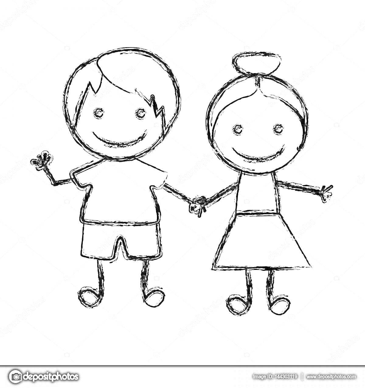 На раскраске изображено: Мальчик, Девочка, Держатся за руки, Дружба