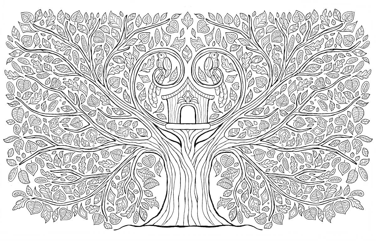 Раскраска Дерево жизни с густой кроной, листьями и домиком на ветвях