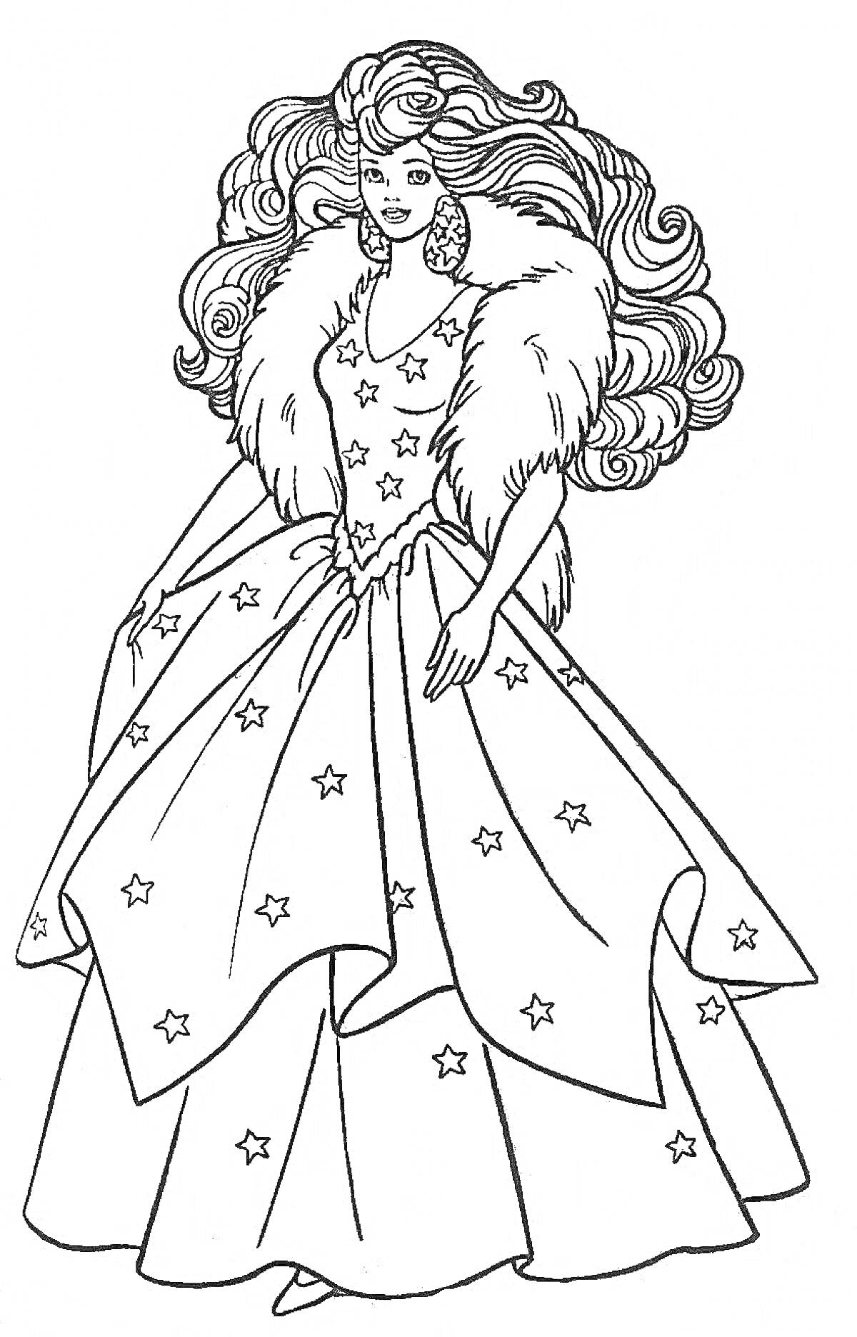 Раскраска Барби в вечернем платье с меховым воротником и звездами
