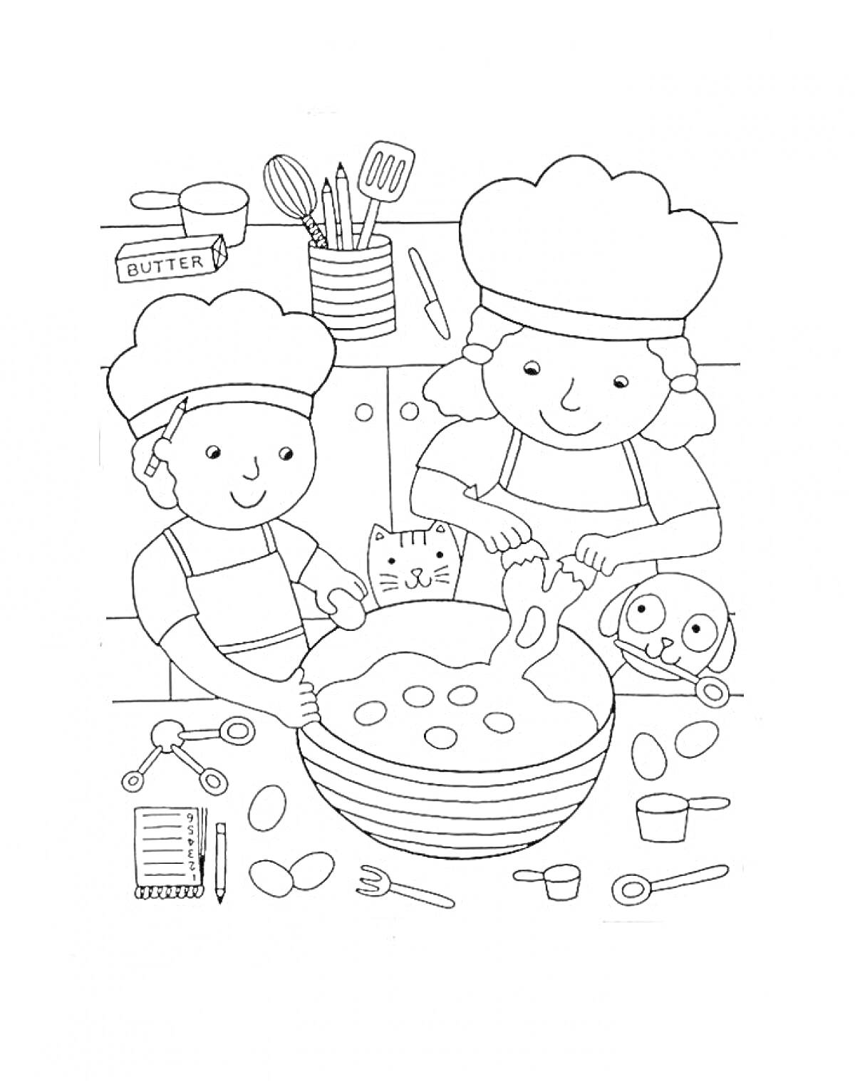 Раскраска Дети-повара готовят на кухне. Две фигуры детей в поварских колпаках смешивают ингредиенты в большой миске, вокруг них лежат яйца, ложки, вилки, весы, блокнот, кошка, собака, на заднем фоне стол с кухонными принадлежностями и пачка масла.