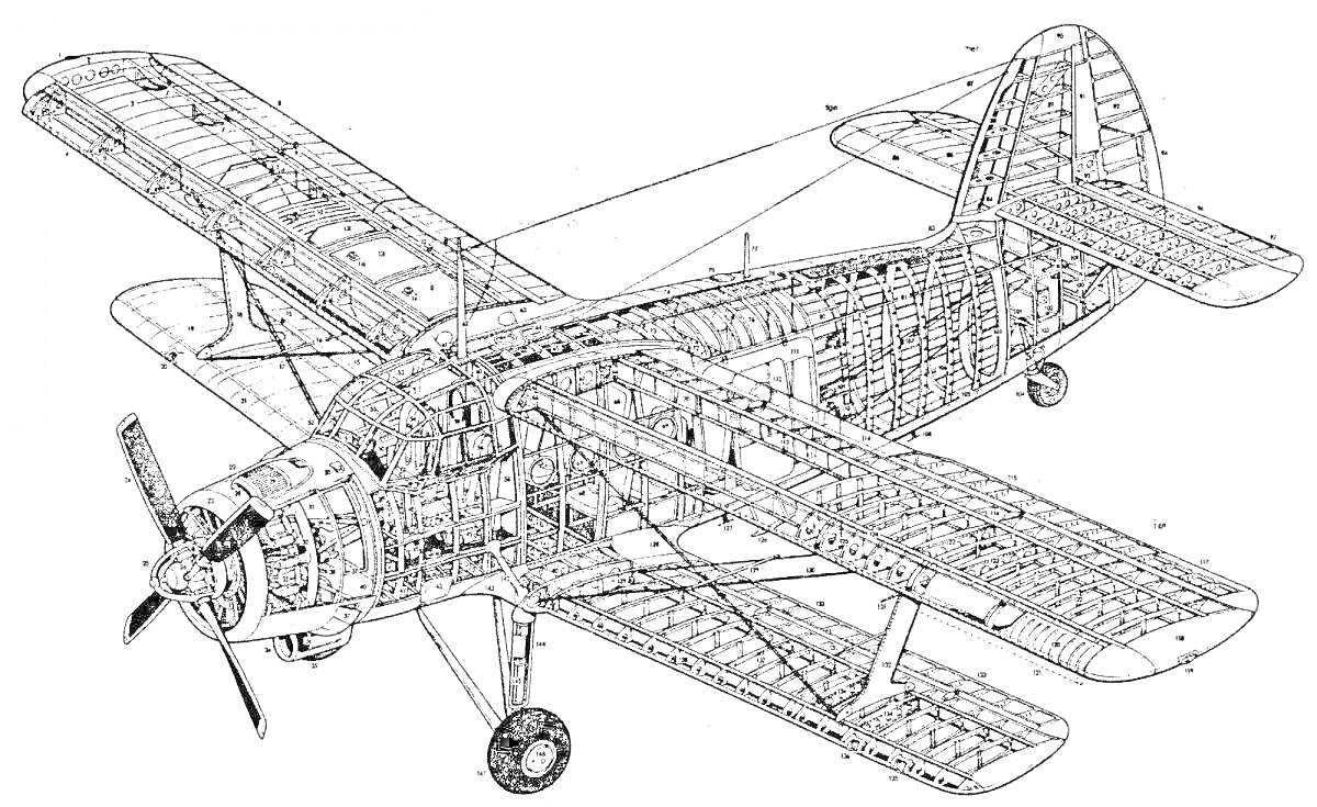 Раскраска Рисунок самолета Як-3 с внутренней структурой и деталями