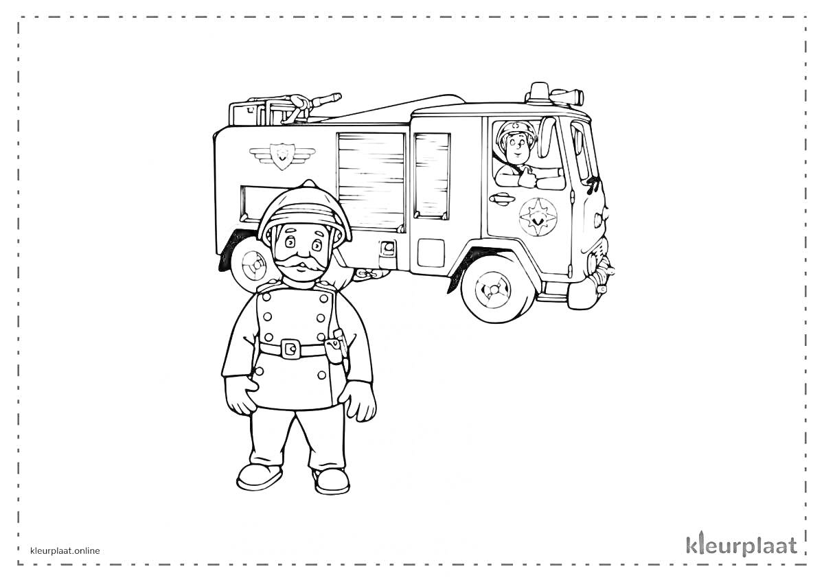 На раскраске изображено: Пожарная машина, Водитель, Безопасность, Пожарная служба, Транспорт, Служба спасения