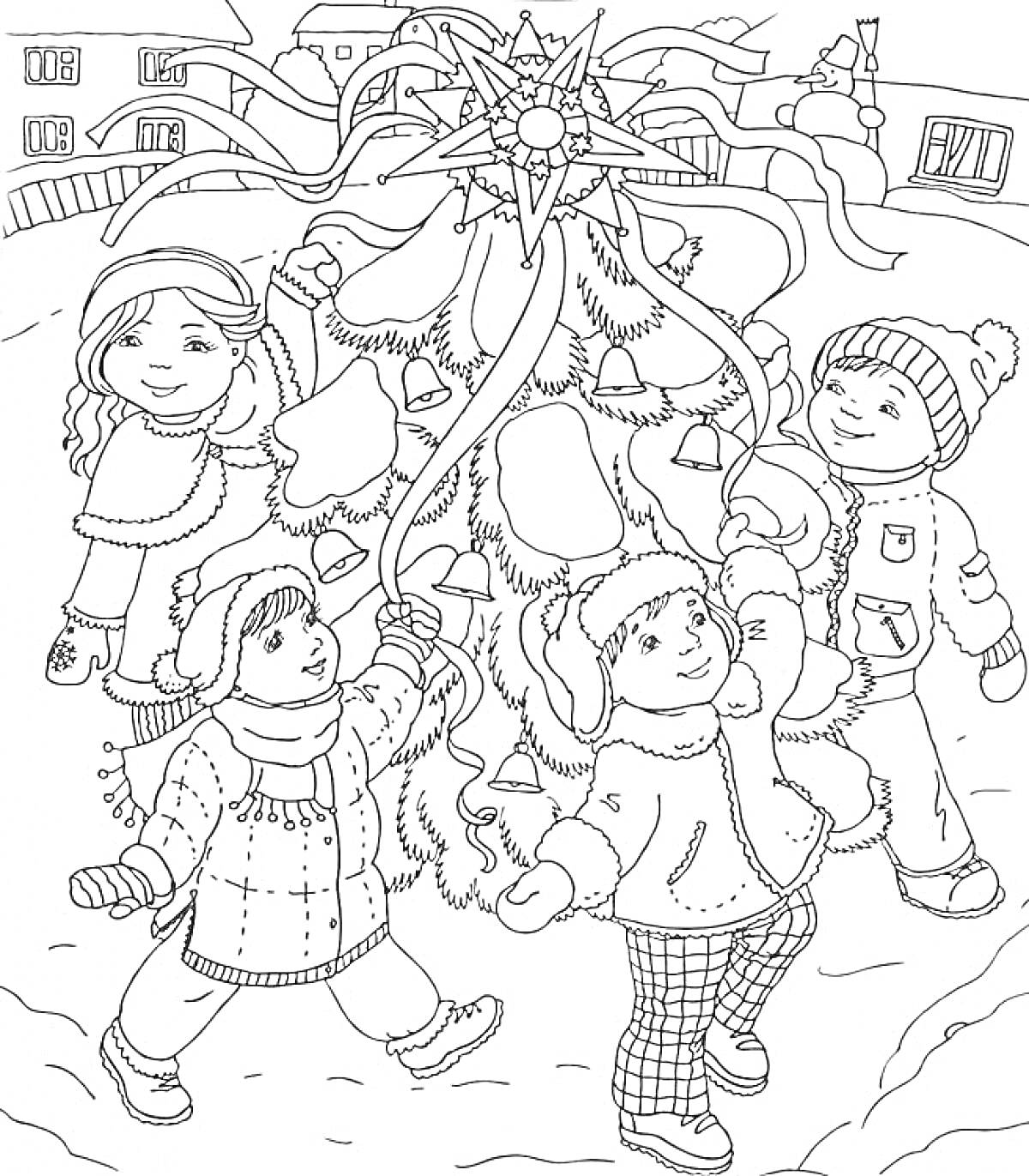 Раскраска Дети водят хоровод вокруг ёлки, держа рождественский звезду, зимний пейзаж с домами на заднем плане