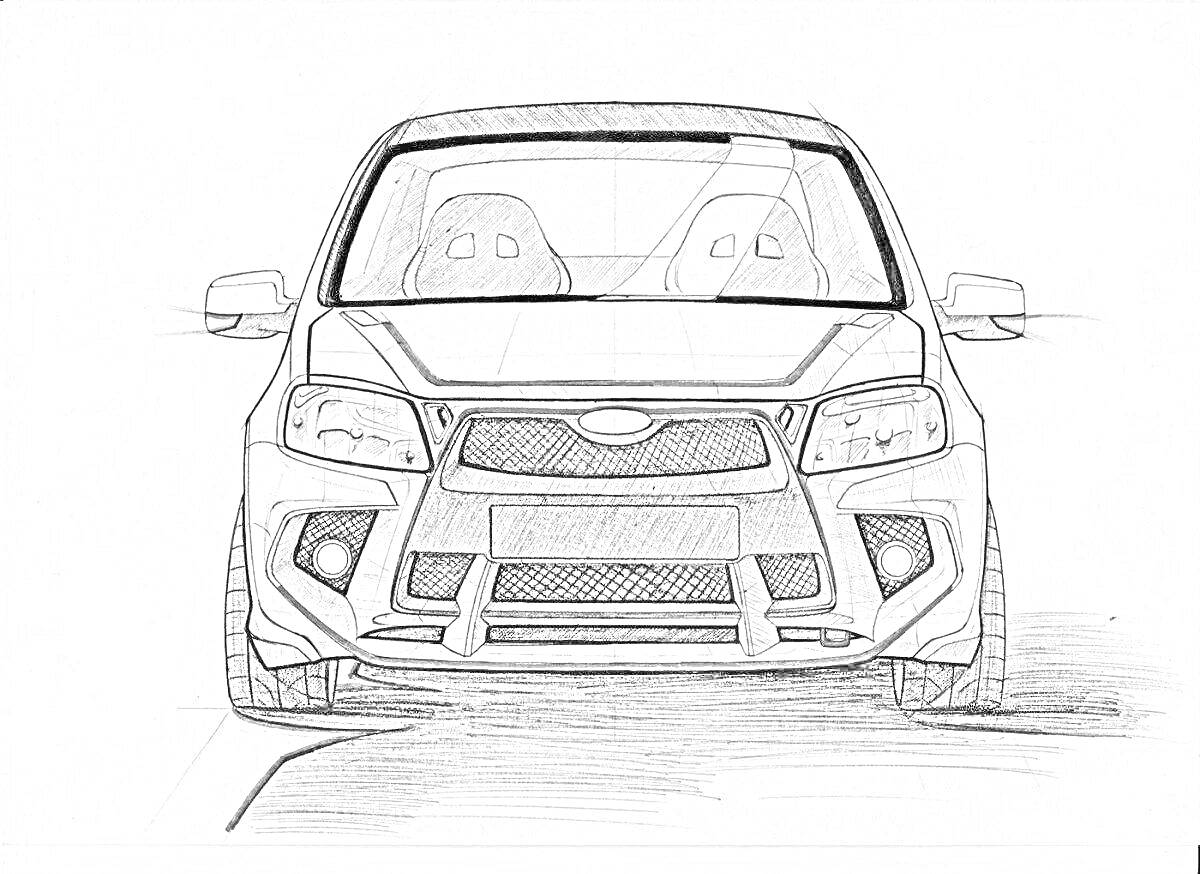 Раскраска Лада Веста Кросс, вид спереди, капот, фары, бампер, решетка радиатора, зеркала заднего вида, сиденья