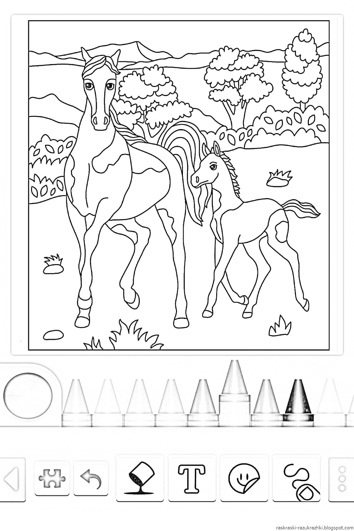 Раскраска Лошади на природе (две лошади, деревья, кусты, трава, холмы, небо)