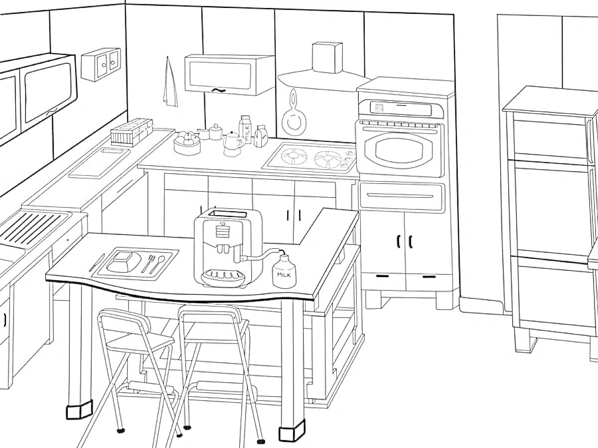 На раскраске изображено: Кухня, Раковина, Плита, Духовка, Вытяжка, Полки, Стул, Стол, Миксер, Доска, Банка