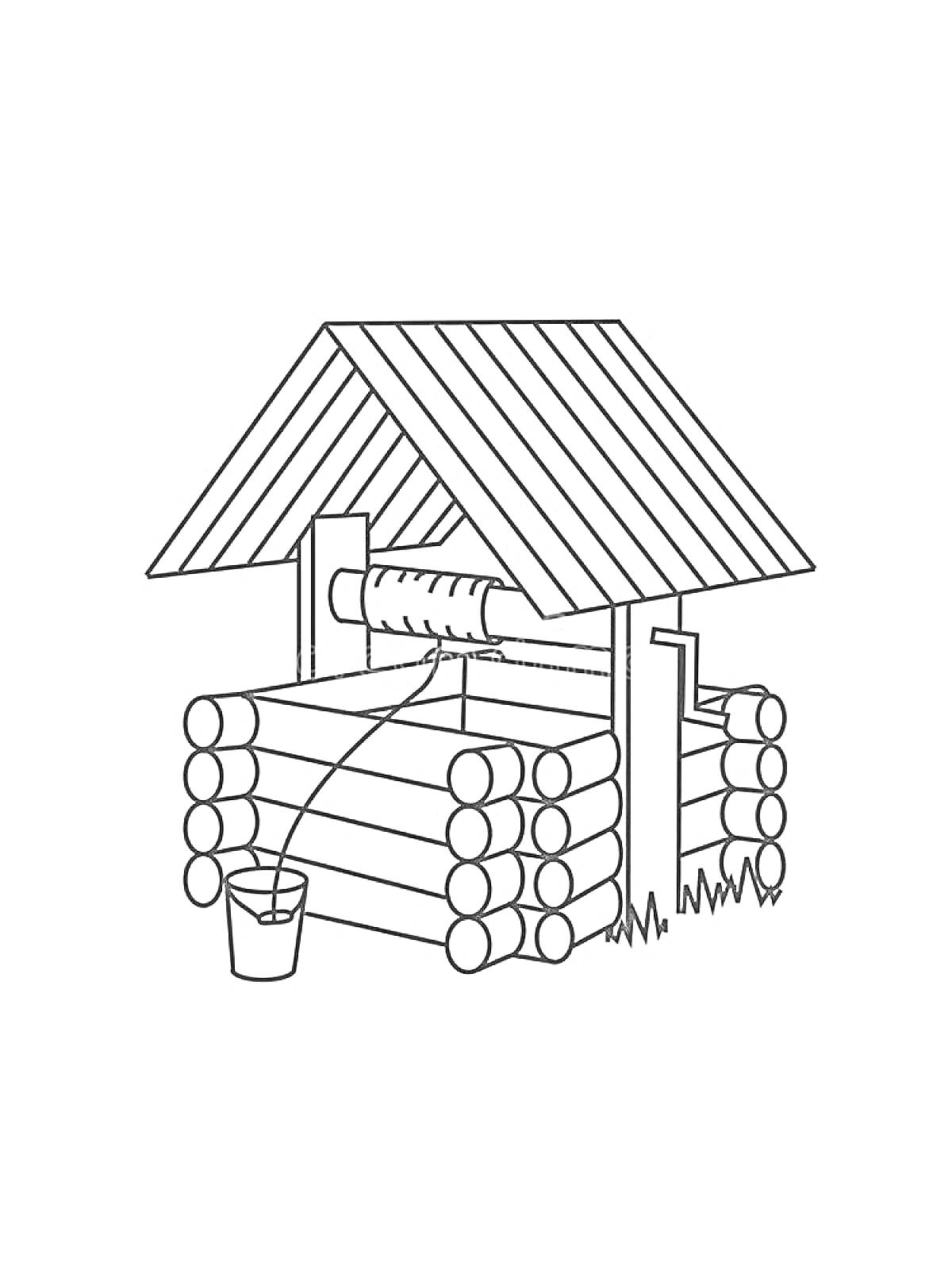 Раскраска Колодец с деревянной крышей, бревенчатым основанием, ведром и верёвкой