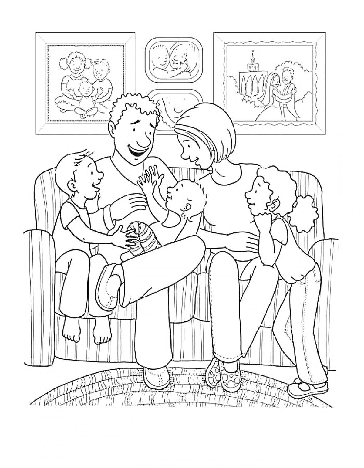 Раскраска Семья на диване с детьми, младенцем и настенными картинами