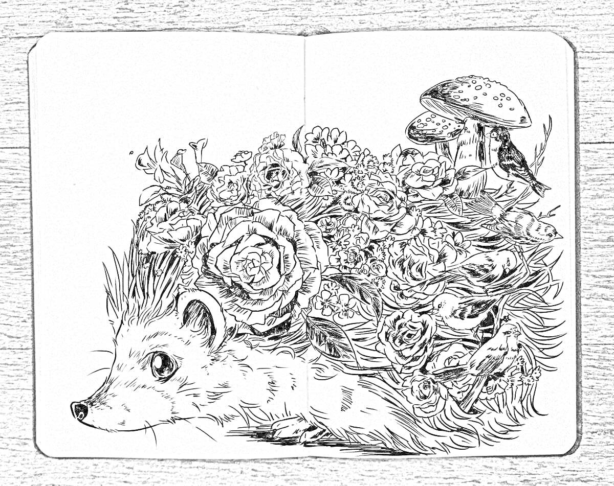 Раскраска Ежик с цветами и грибами на спине