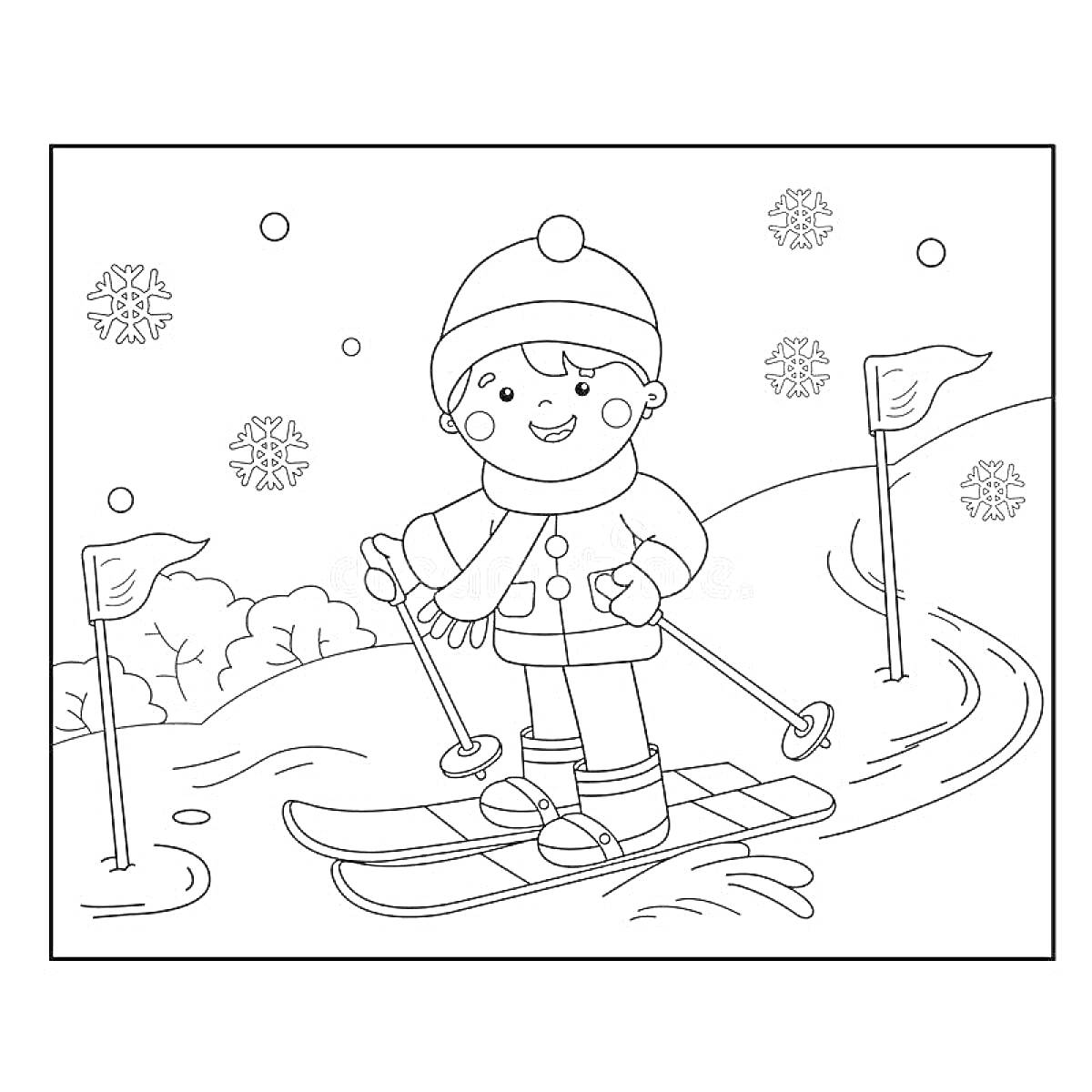 На раскраске изображено: Зима, Спорт, Лыжи, Ребенок, Снег, Снежинки, Веселье, Активный отдых
