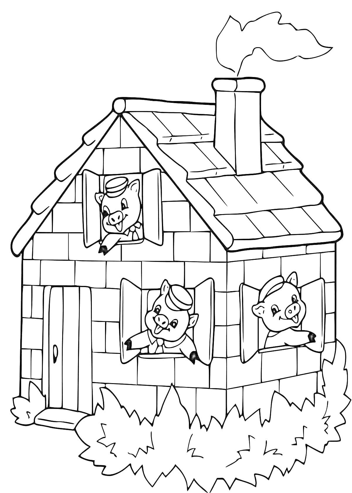 На раскраске изображено: Три поросенка, Домик, Кирпичный дом, Окна, Труба