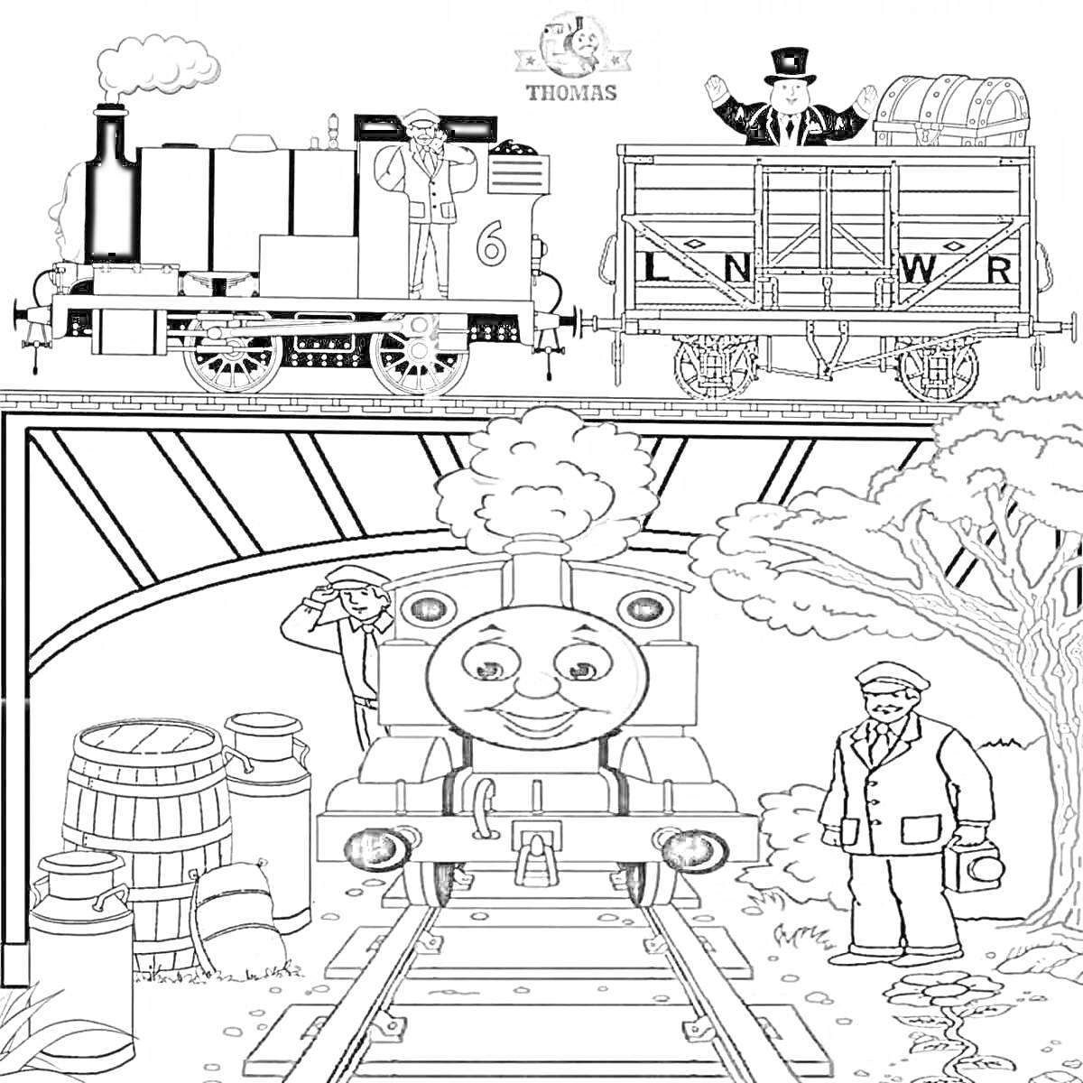 На раскраске изображено: Поезд, Паровоз, Рельсы, Мост, Бочка, Деревья