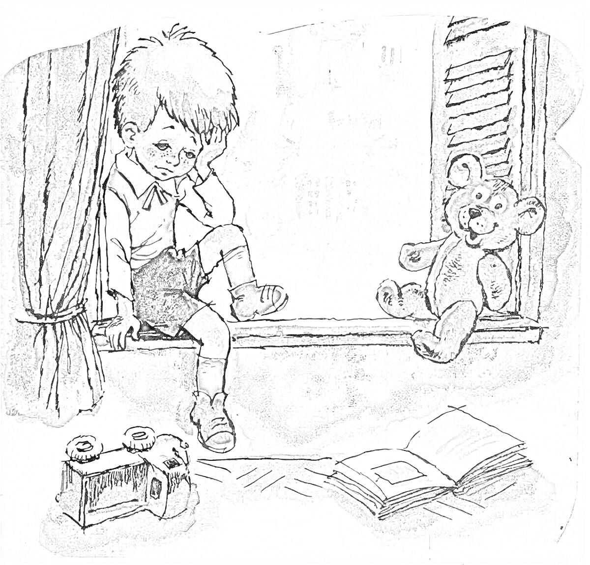 На раскраске изображено: Мальчик, Подоконник, Плюшевый медведь, Игрушечная машина, Книга, Игрушки, Комната, Окна, Грустное лицо
