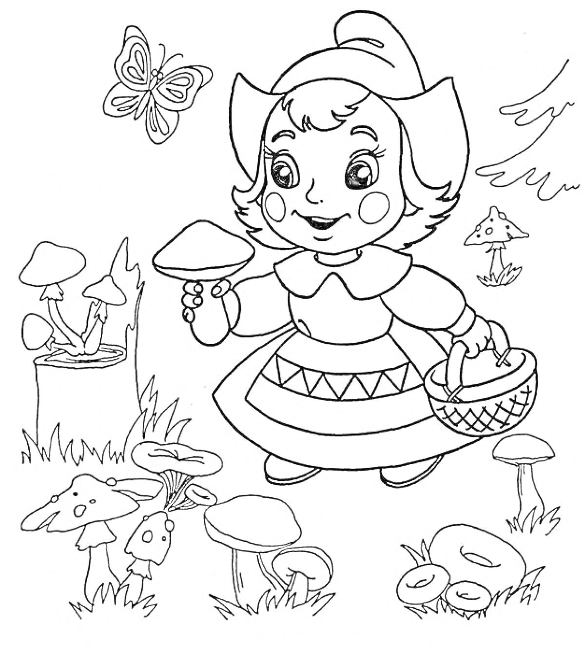 Раскраска Девочка собирает грибы в лесу среди травы и бабочек