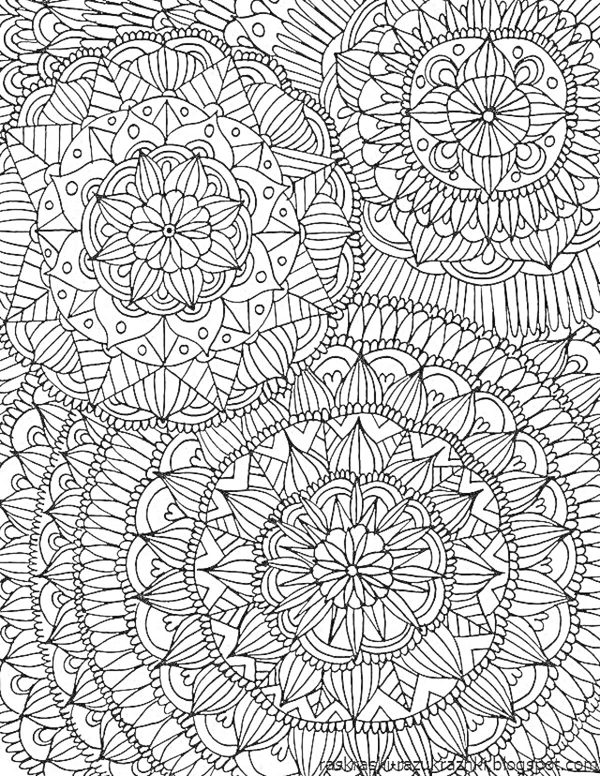 Раскраска Мандалы для релаксации с круговыми узорами и геометрическими элементами