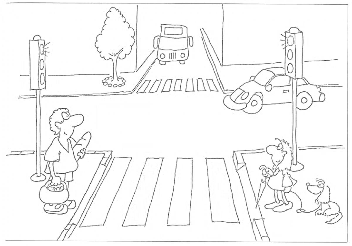 Раскраска Пешеходный переход с детьми и взрослым, собака, светофоры, машины, дерево
