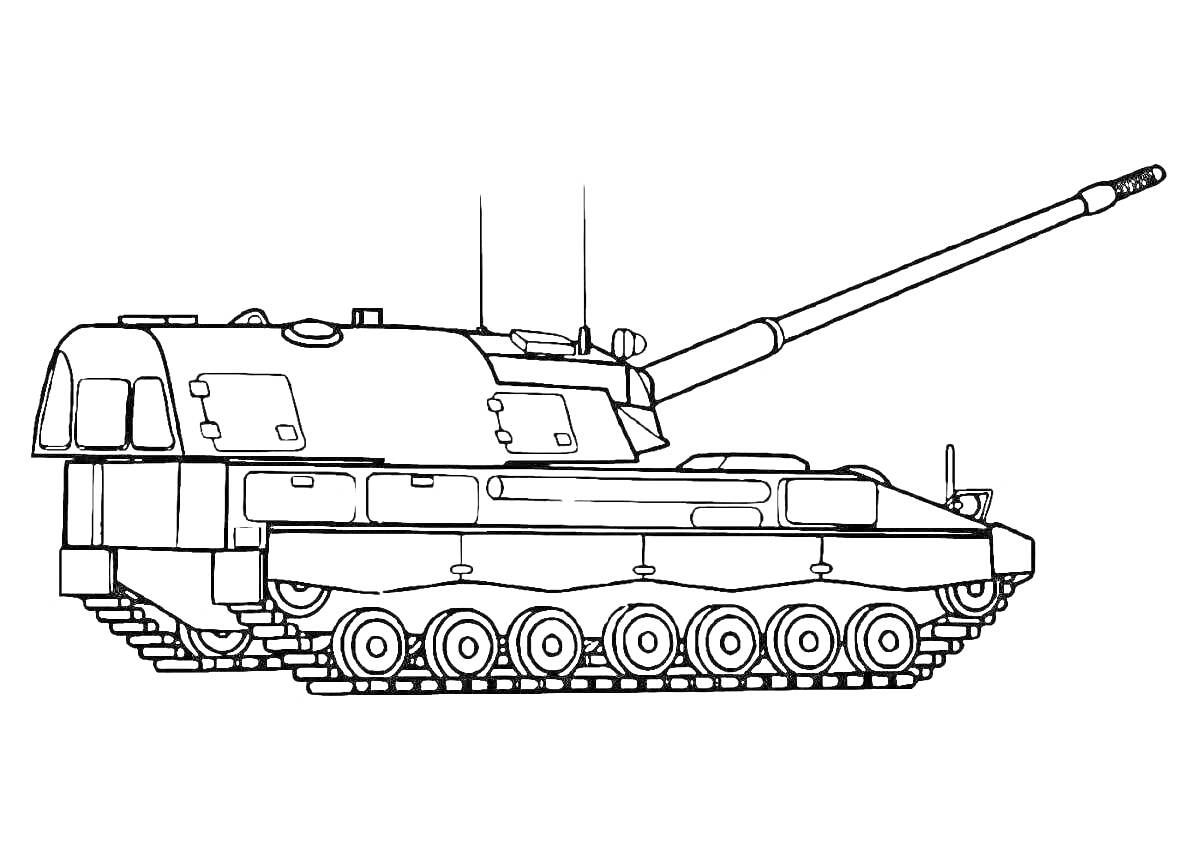 Раскраска Российский танк в профиль с длинным стволом, вид сбоку, бронированный корпус, траки с шестеренками