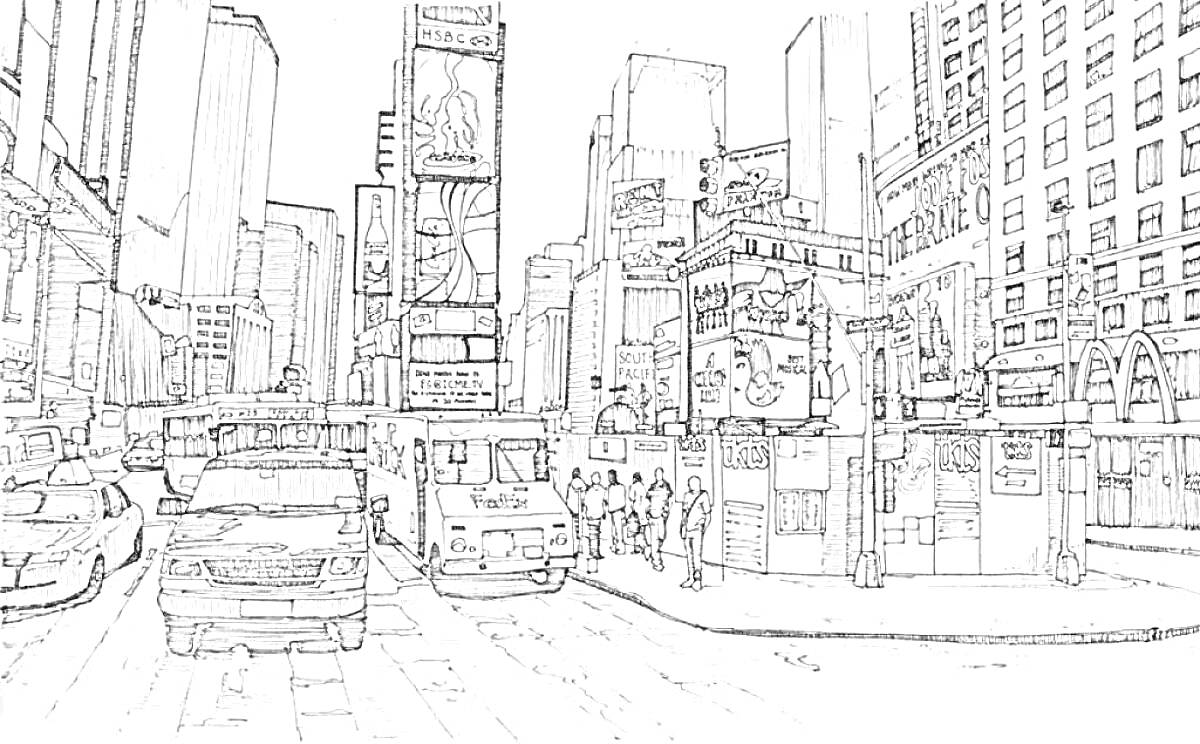 Раскраска Улица Нью-Йорка с небоскрёбами, машинами, автобусом и рекламными щитами