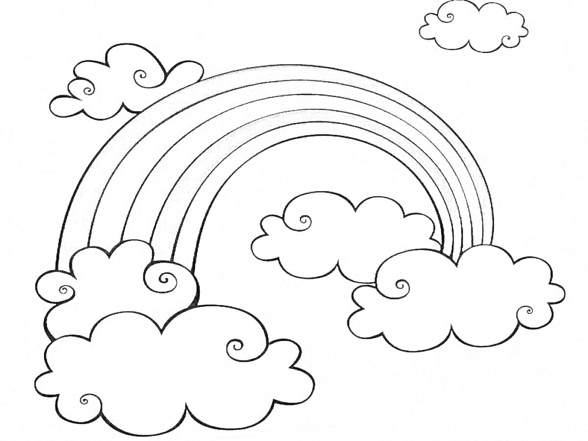 Раскраска Радуга с облаками и тучками на небе