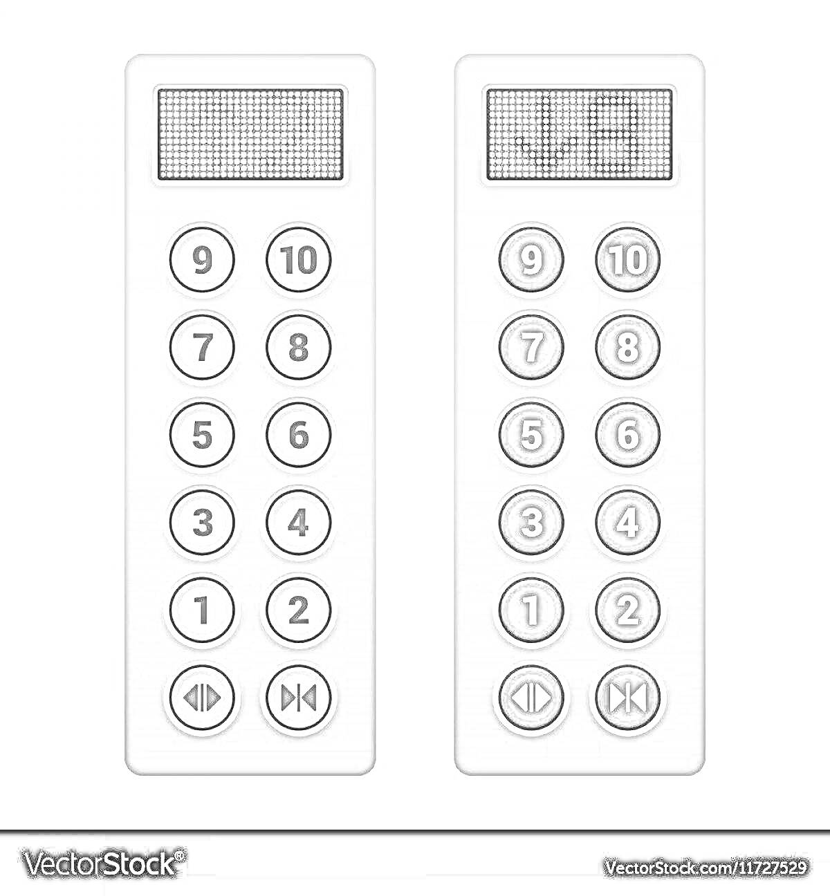 Раскраска две панели кнопок лифта с дисплеями и номерами этажей от 1 до 10, кнопки открытия и закрытия дверей
