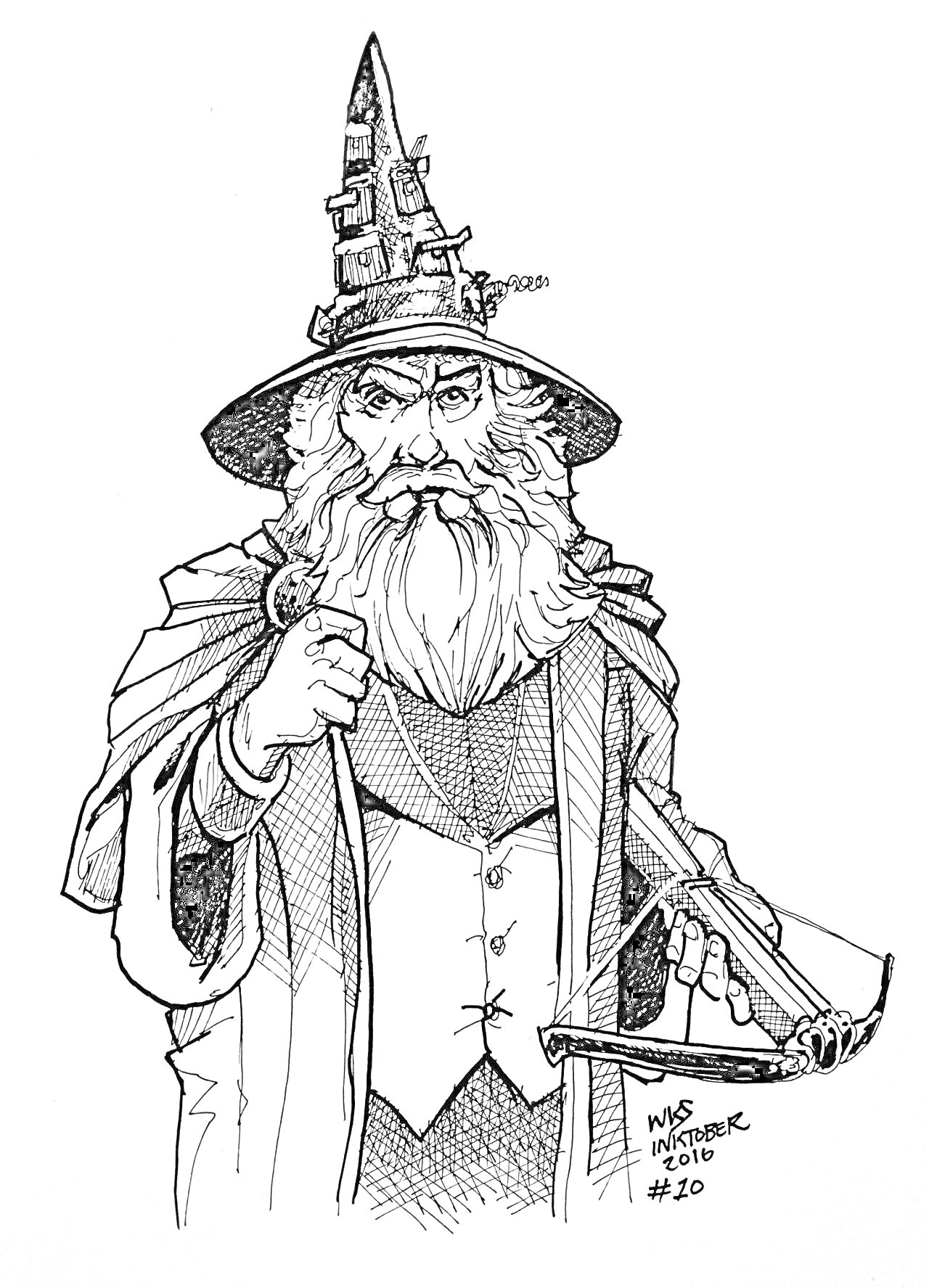 На раскраске изображено: Волшебник, Шляпа, Плащ, Свиток, Магия, Борода, Фантазия