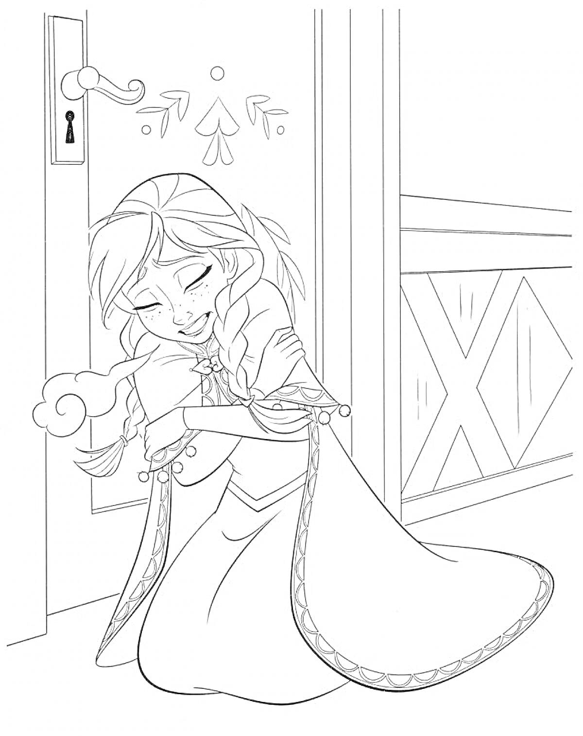 На раскраске изображено: Анна, Принцесса, Замок, Дверь, Улыбка, Радость