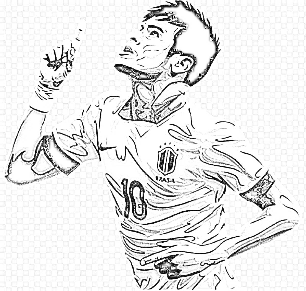 Раскраска Футболист в форме сборной Бразилии с номером 10, который показывает один палец вверх
