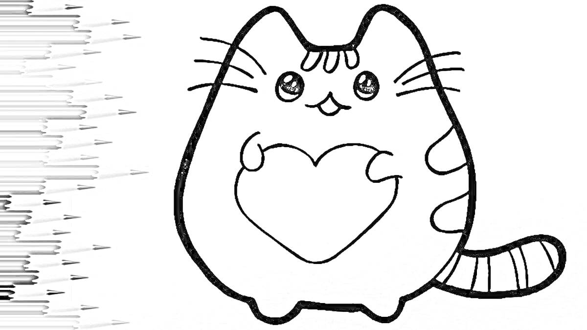 На раскраске изображено: Цветные карандаши, Милый кот, Сердца