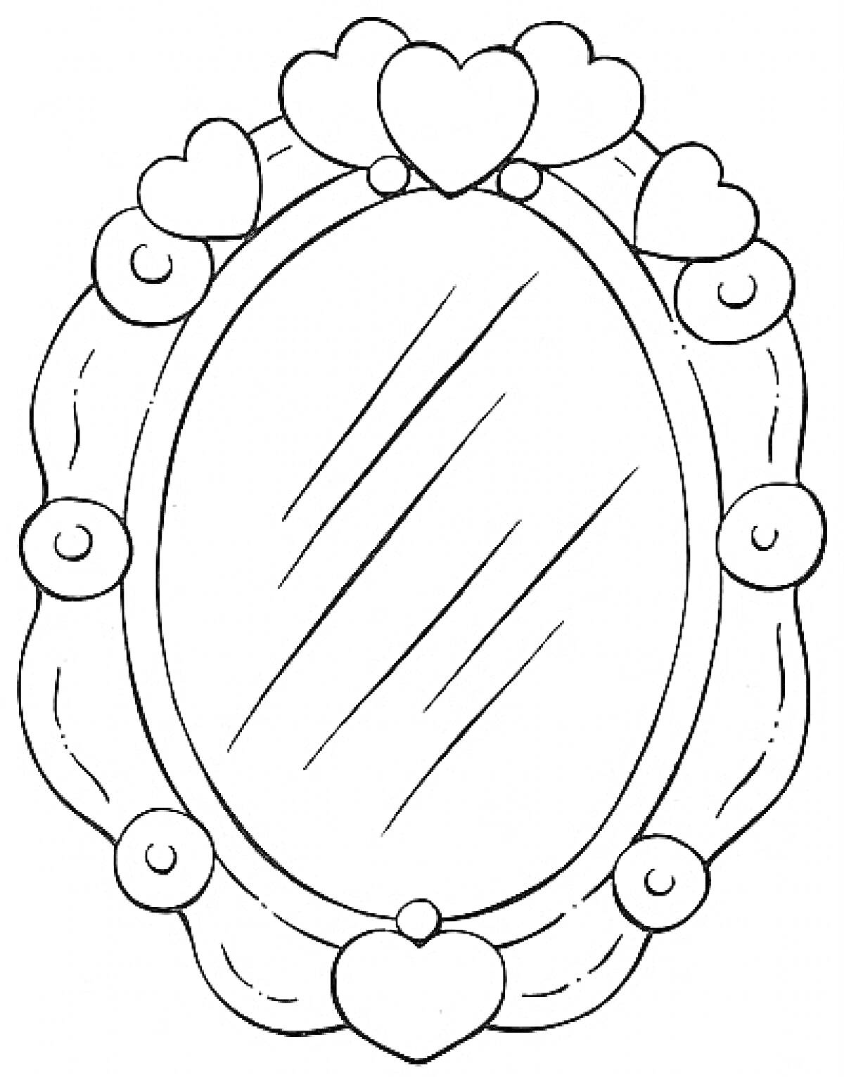 Раскраска зеркало с узорной рамкой, сердечками и круглым декором