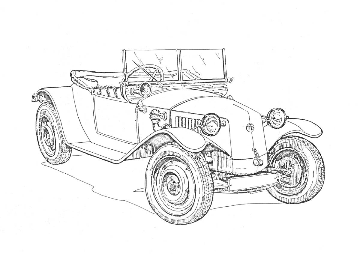 Раскраска Ретро автомобиль с открытым верхом, двумя фарами, массивными колесами и стеклом на лобовом