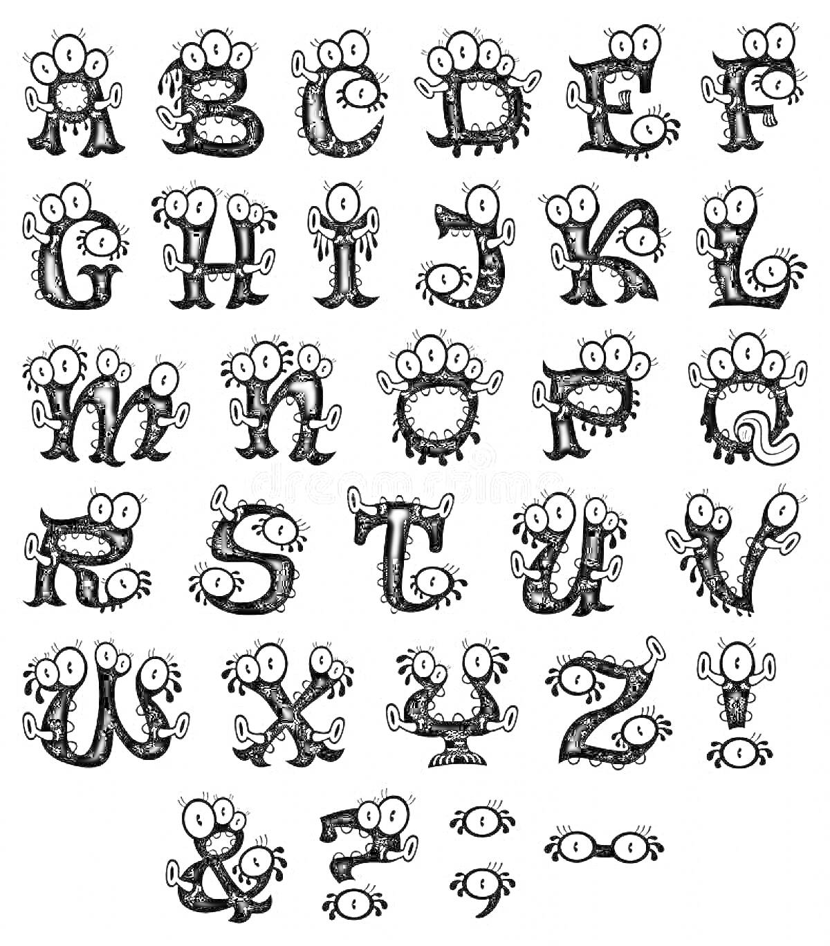 Раскраска Страшный алфавит с многоглазыми и зубастыми буквами, со страшными глазами внизу