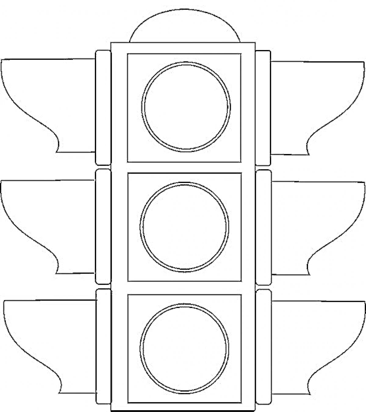 Схематичное изображение светофора с тремя круглыми секциями и боковыми элементами