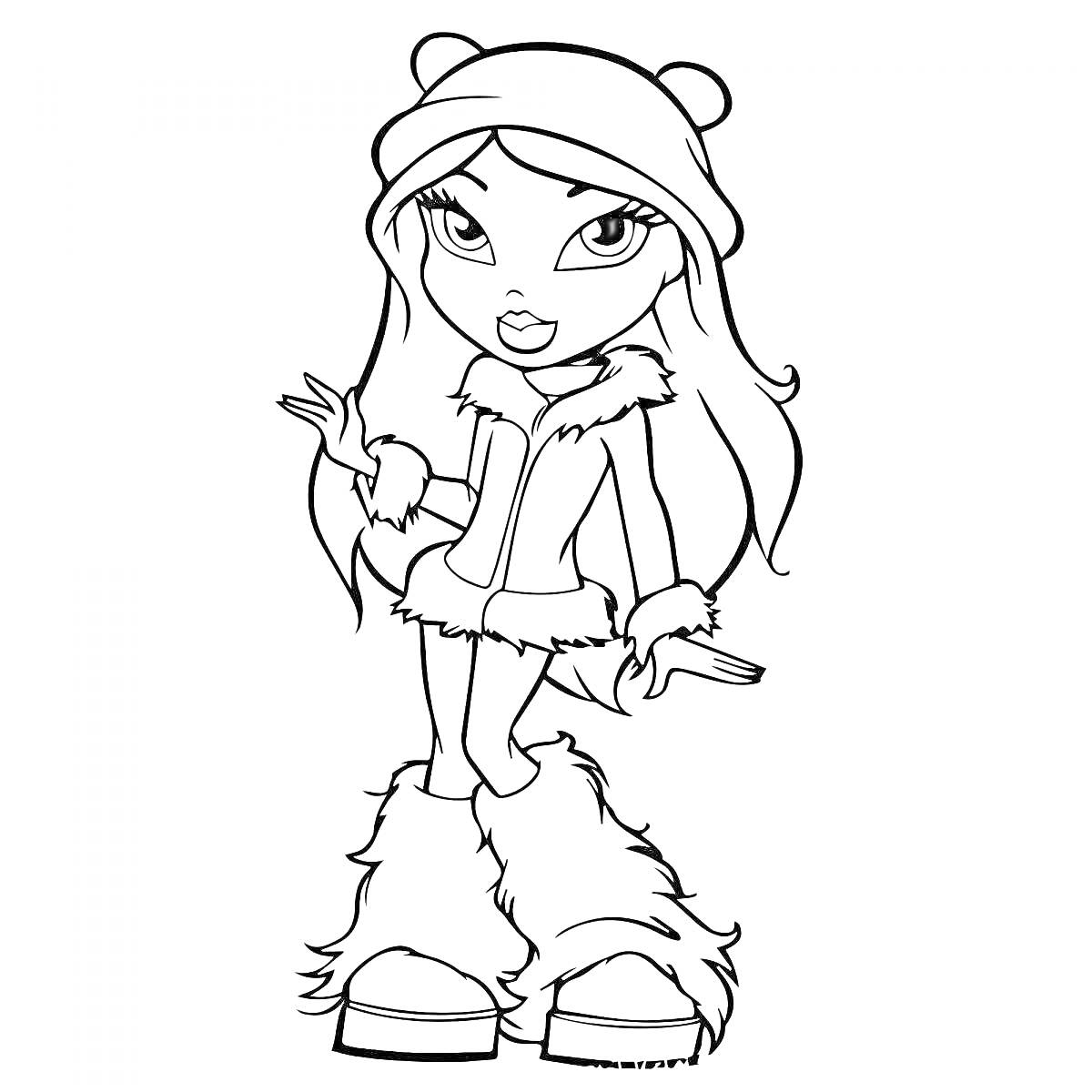 Раскраска Девочка в зимней одежде с длинными волосами и ушками на шапке