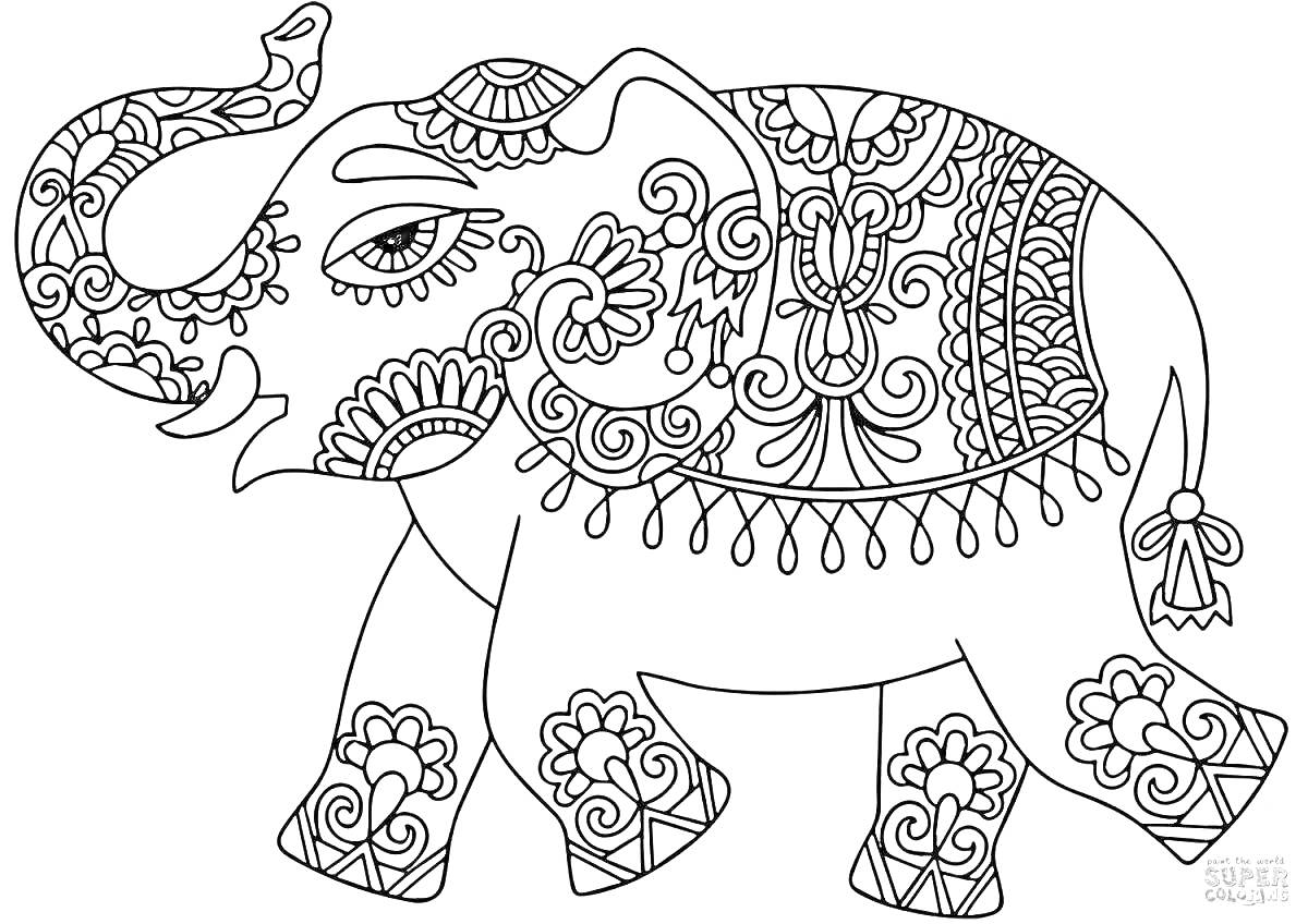 Раскраска Слон с детализированными узорами и орнаментами