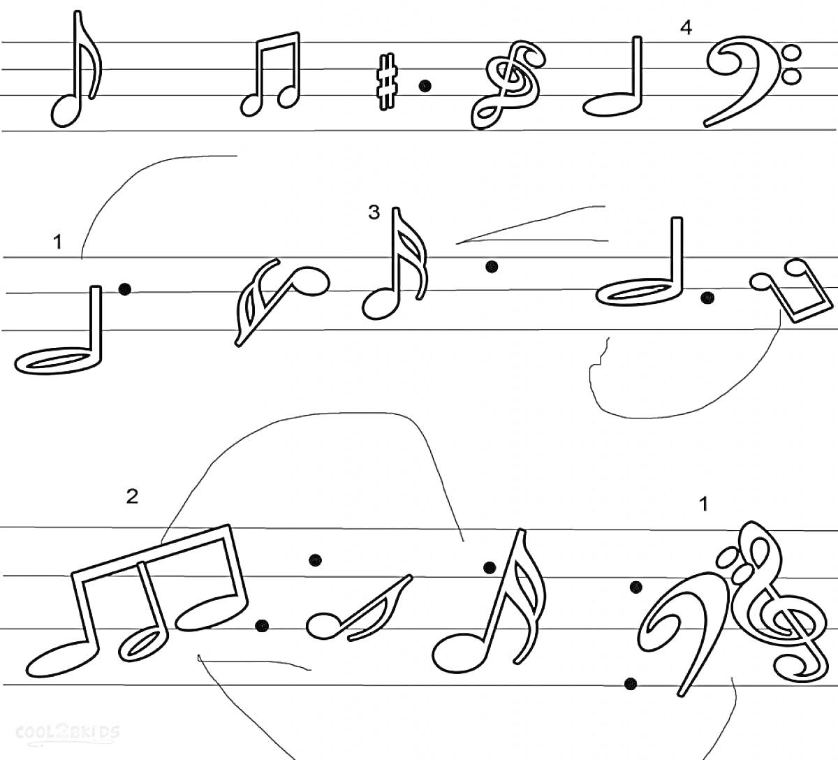 Музыкальные ноты и символы: восьмая нота, шестнадцатая нота, диез, скрипичный ключ, басовый ключ, восьмая связанная нота, четвертная нота, половинная нота, бемоль, нотная строка