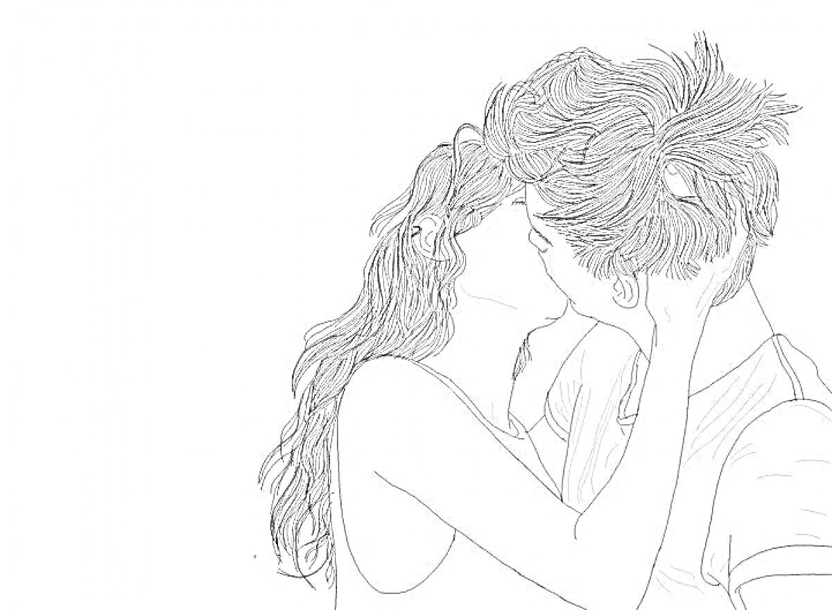 На раскраске изображено: Пара, Любовь, Объятия, Поцелуй, Длинные волосы, Короткие волосы, Романтика