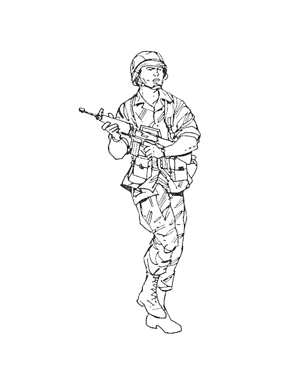 На раскраске изображено: Солдат, Автомат, Военная форма, Каска, Рация, Военный, Оружие