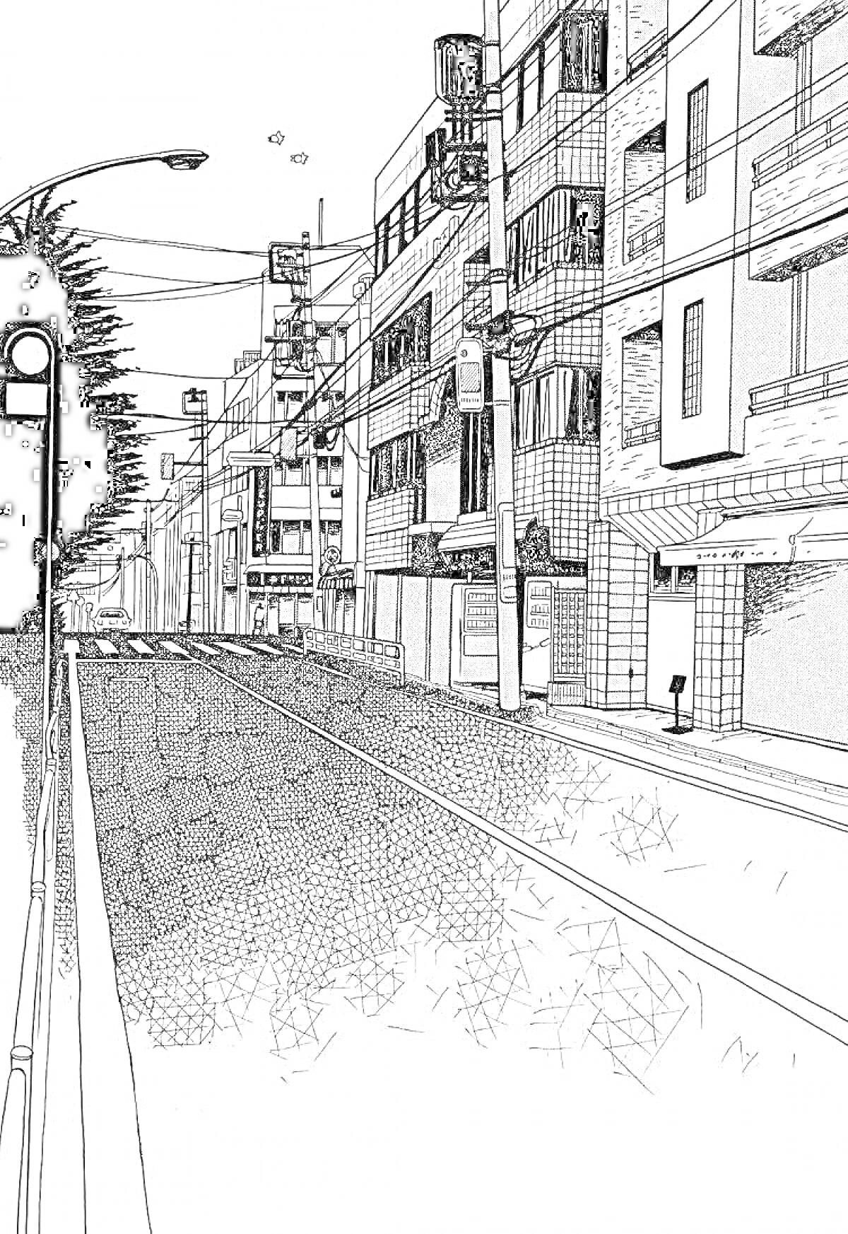 Раскраска Городская улица с жилыми зданиями, фонарными столбами и проводами, тротуар и дорога