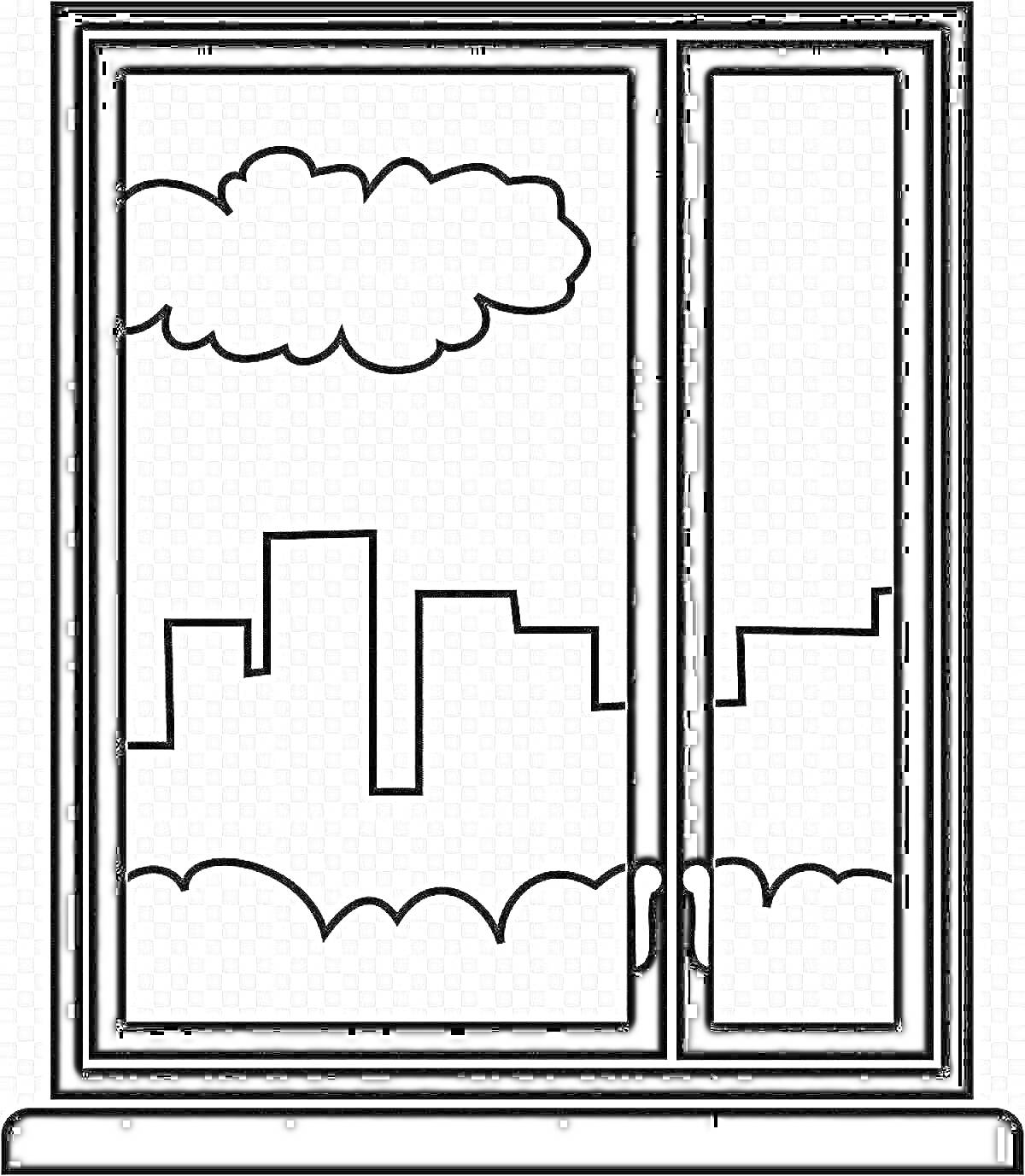 Раскраска Окно с видом на город, облако и кусты