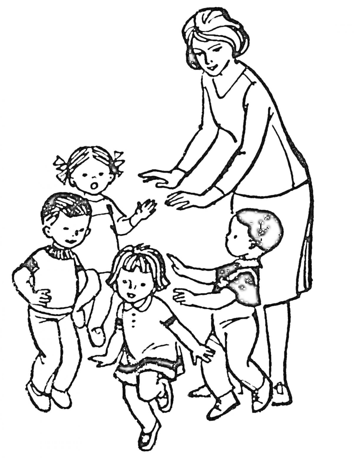 На раскраске изображено: Воспитатель, Детский сад, Игра, Группа, Дошкольное образование