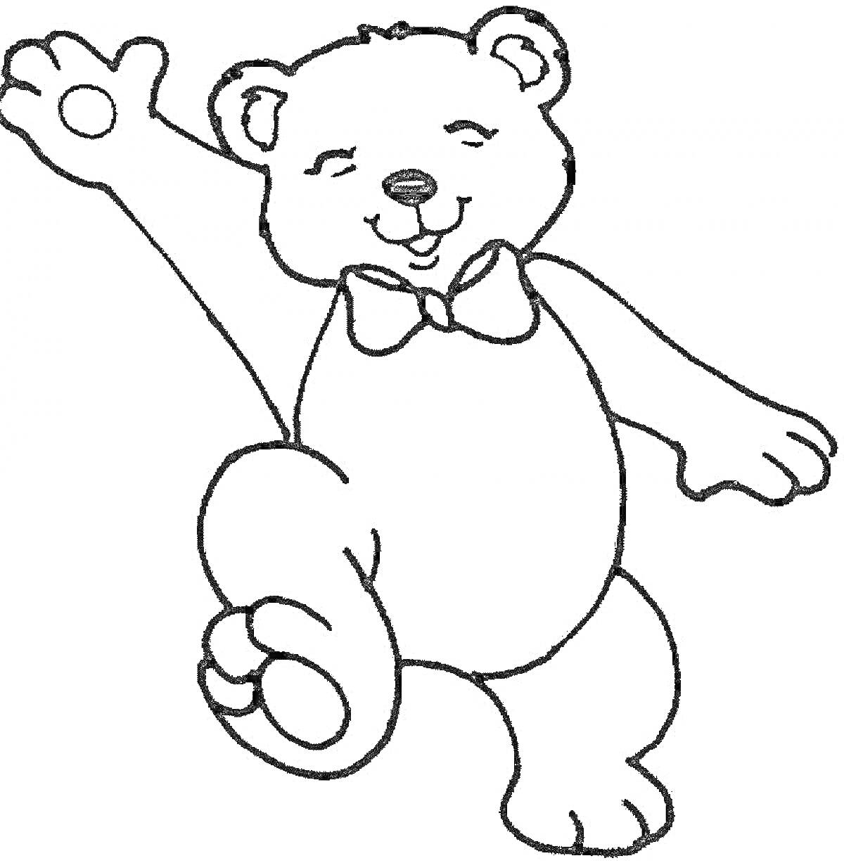 Раскраска медведь, машущий лапой и улыбающийся, с бантиком на шее