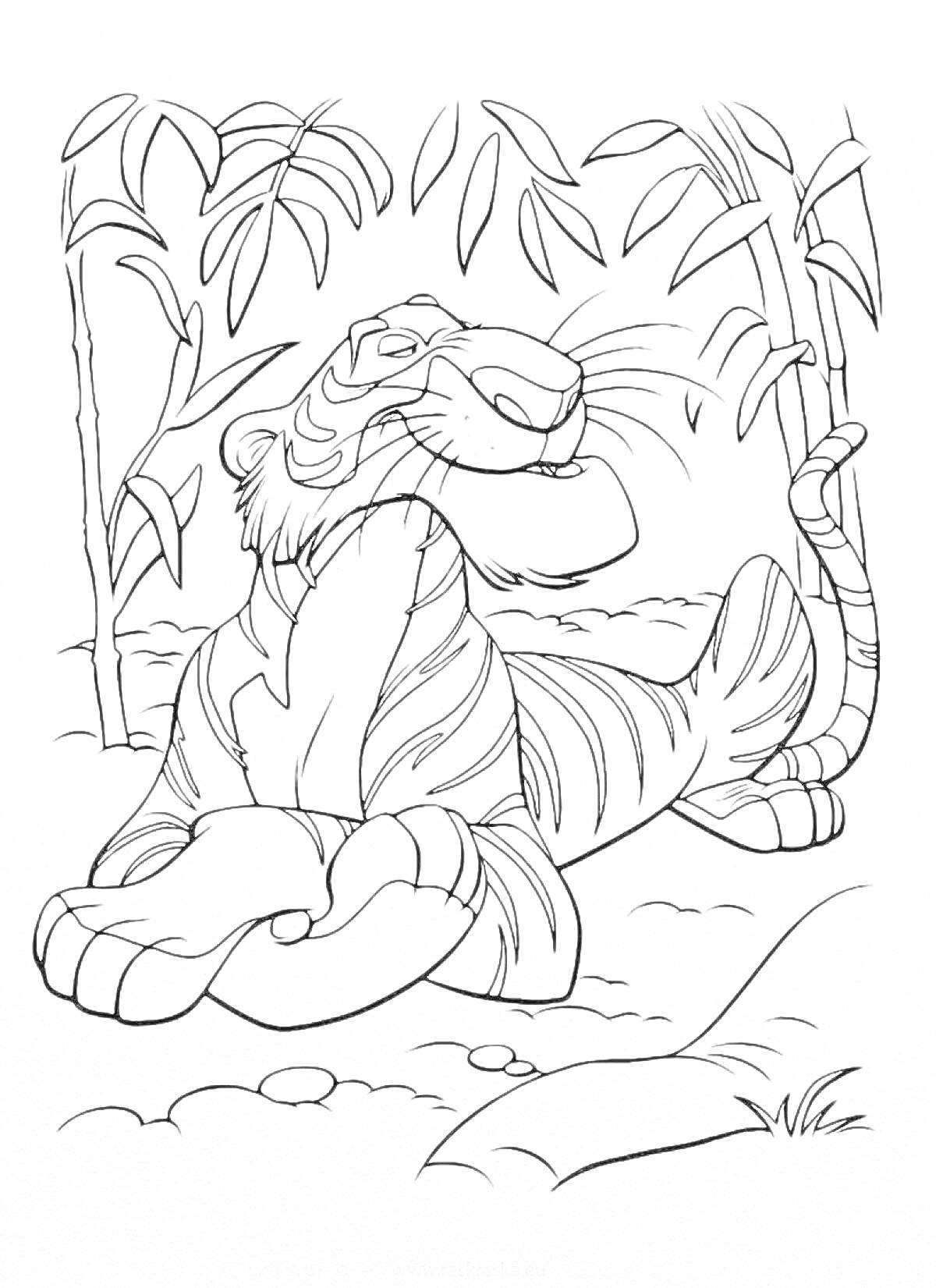 Раскраска Тигр в джунглях рядом с бамбуком